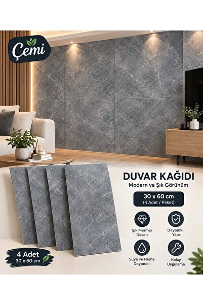 ÇEMİ 4 Adet - Mermer Görünümlü Banyo & Mutfak PVC Duvar Kağıdı Fayans Üstü Ka...