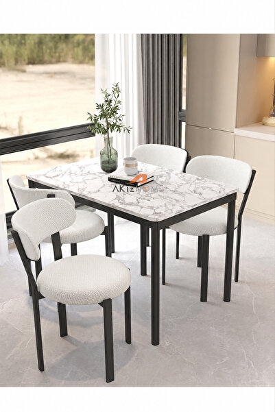 Aktehome Luna 4 Kişilik Mutfak Masa Sandalye Takımı 70x110 cm Beyaz Mermer Beyaz