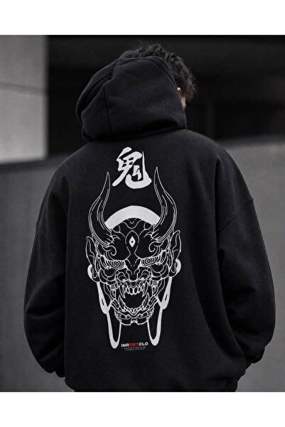 JANTIL MODA Black Unisex Oversize 3 Thread Raster Printed Hooded Sweatshirt w...