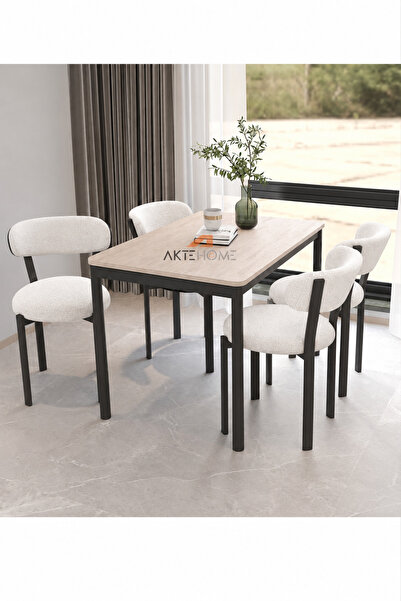 Aktehome Luna 4 Kişilik Mutfak Masa Sandalye Takımı 70x110 cm Traverten Beyaz