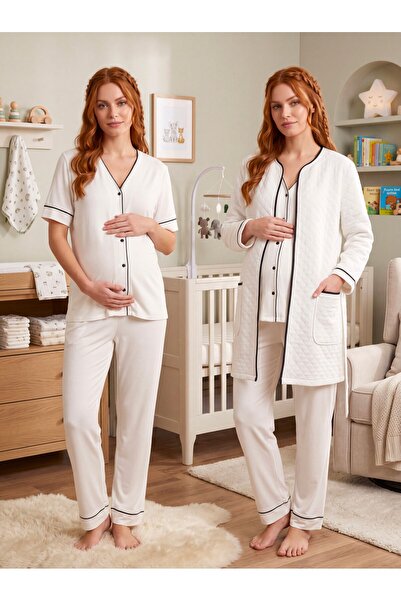 Lohusa Homewear طقم بيجامة للحوامل من القطن بنسبة 100% بأكمام قصيرة وتصميم مب...