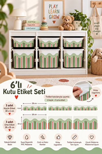 Kosinüs Reklam TROFAST Dekoratif Kutu Etiketi Seti – 6’lı Set Yeşil Dalgalı-Ö...
