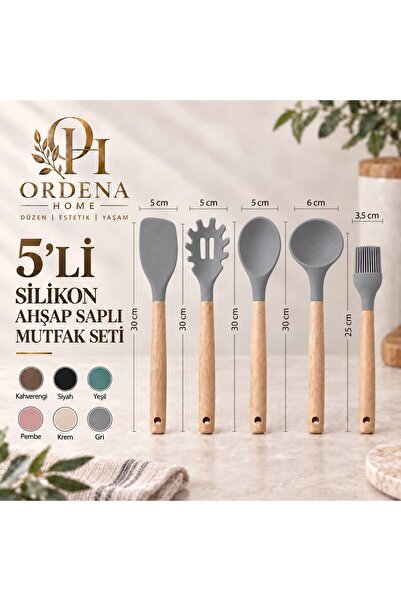 Ordena Home 5 Parça Siyah Silikon Mutfak Gereçleri Seti Ahşap Saplı Kepçe Kaş...