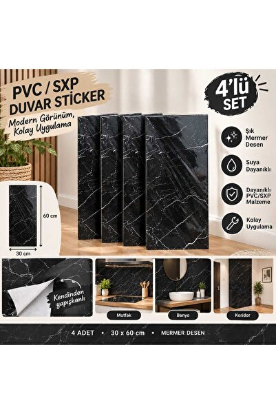 ÇEMİ 4 Adet - Mermer Görünümlü Banyo & Mutfak PVC Duvar Kağıdı Fayans Üstü Ka...