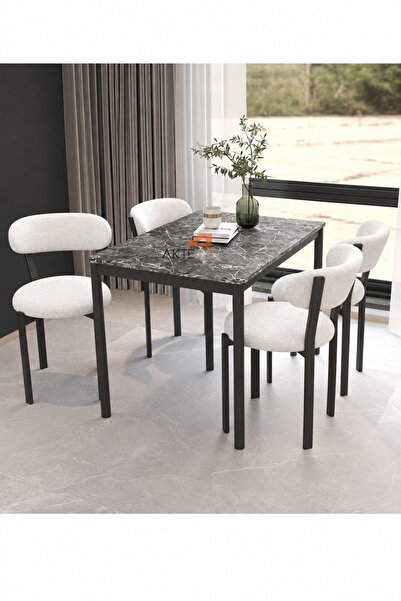 Aktehome Luna 4 Kişilik Mutfak Masa Sandalye Takımı 70x110 cm Siyah Mermer Beyaz