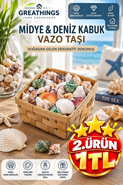 Greathings Küçük Kare Ahşap Sepetli Renkli Midye Deniz Kabuğu Vazo Taşı Dekor...