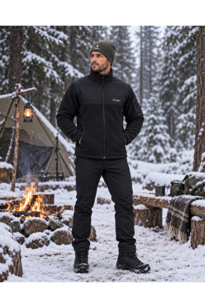 tagon Siyah Erkek Outdoor Polar Ceket | Anti-Pilling Fermuarlı Polar