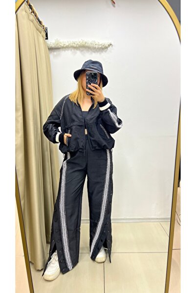 KEYYMOD Nakış Ve İncili Premium Siyah Bomber Ceket ve Pantolon Takım