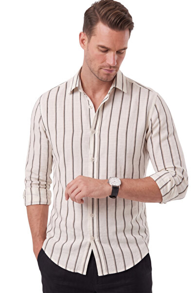 DeepSEA Men's 100% Cotton Slim Fit Slim Fit Linen Textured Striped Long Sleev...