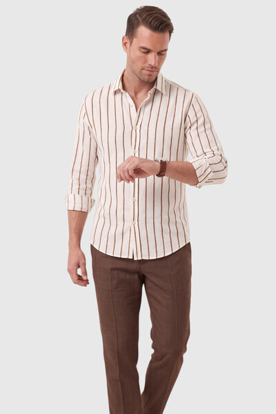 DeepSEA Men's 100% Cotton Slim Fit Slim Fit Linen Textured Striped Long Sleeve Brown Shirt 2600034