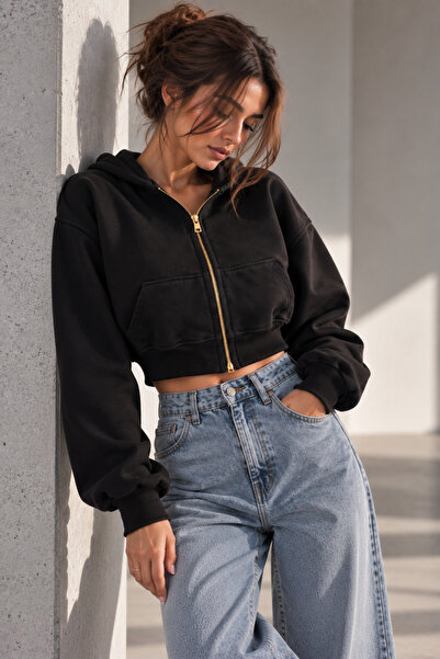Lizbon Style Kadın Crop Fermuarlı Hoodie – Gold Fermuar 3 İplik Rahat Kalıp Sweatshirt - Kahverengi