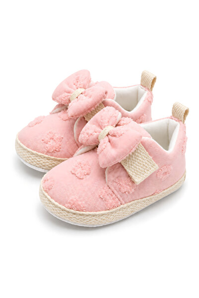 VestioStore Pudra Pembe Çiçekli Fiyonklu Yumuşak Taban Kız Bebek Patik Ayakka...