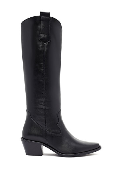 Derimod Women's Black Thick Heeled Leather Cowboy Boots Af170005Dv