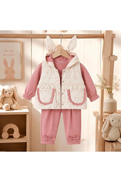 Beybifresh Kız bebek yelekli 3lü Takım tavşan şapkalı