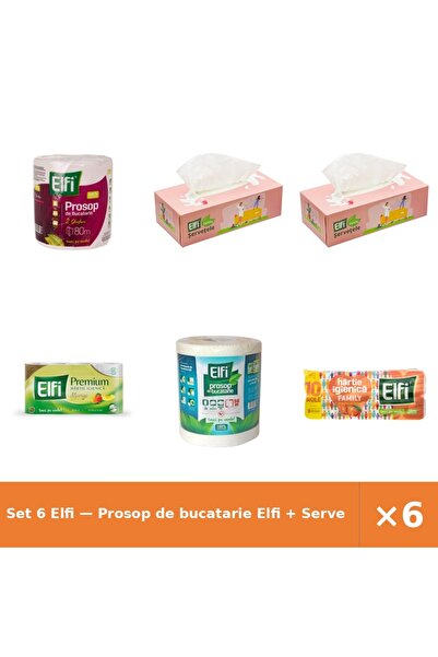 Elfi Set 6 — Prosop de bucatarie + Servetele cutie + hartie igienica premium