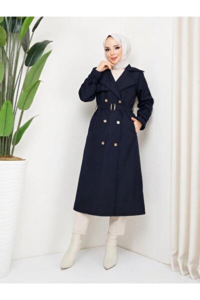 FRESH FASHION معطف طويل نسائي مزدوج الصدر مبطن باللون الأزرق الداكن مع رباط ع...