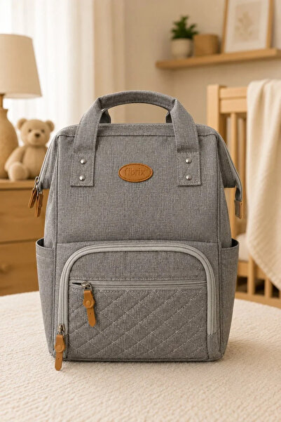 Tuğra Bebe Gray Quilted Detailed Baby Care Backpack
