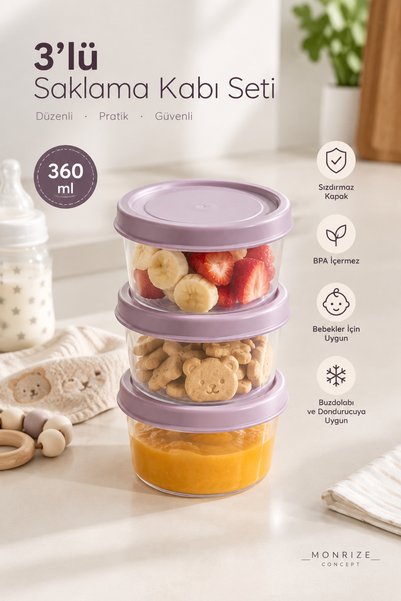 Monrize Concept 3'lü Saklama Kabı Seti 360 ml Sızdırmaz Kapaklı Bebek Mama Ye...