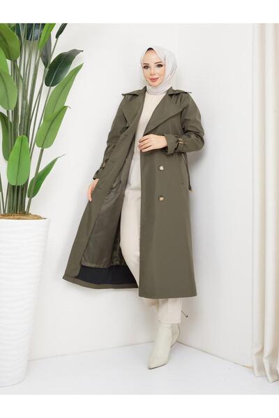 FRESH FASHION معطف طويل نسائي مبطن باللون الكاكي مع ربطة خصر وياقة مزدوجة