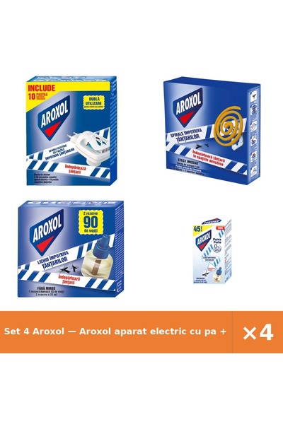 Aroxol Set 4 — aparat electric cu pa + Spirale impotriva tantarilor + Rezerva...