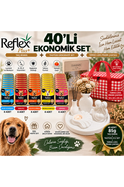 Reflex Plus+ 40’lı 85g Yaş Mama Ekonomik Set | Tastozu 5’li Dekoratif Set + T...