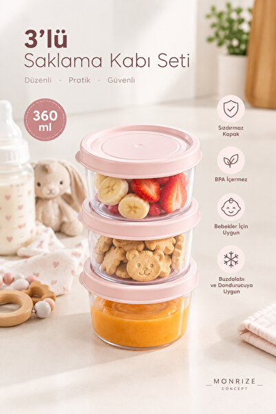 Monrize Concept 3'lü Saklama Kabı Seti 360 ml Sızdırmaz Kapaklı Bebek Mama Ye...