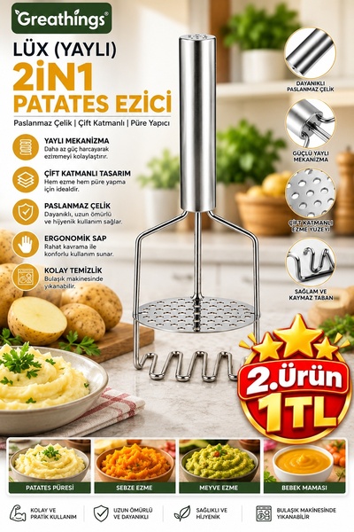 Greathings Stainless Steel 2-in-1 Spring-Loaded Potato Masher and Vegetable C...