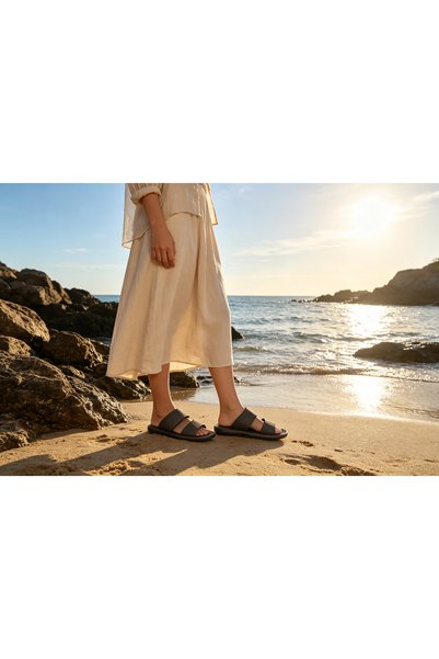 Huanhuan Shoe أحذية رجالية ذات حزام مزدوج عريض ونعل مسطح ناعم مضاد للانزلاق، ...
