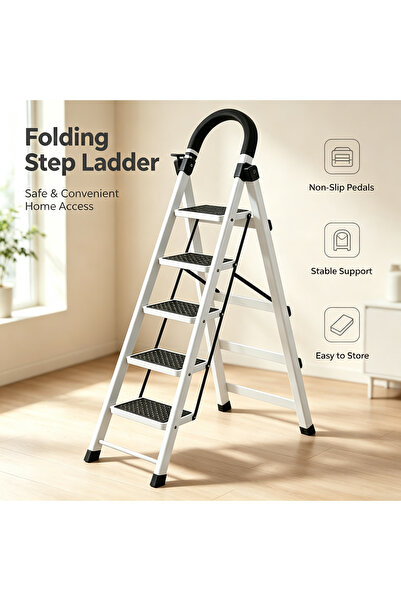 Generic Brand 5 Step Folding Ladder with Safety Handrail Anti-Slip Wide Pedal...