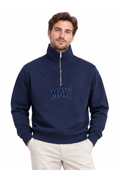 Mavi M0S20212 Logo Printed Half Zipper Men's Sweatshirt Dark Blue