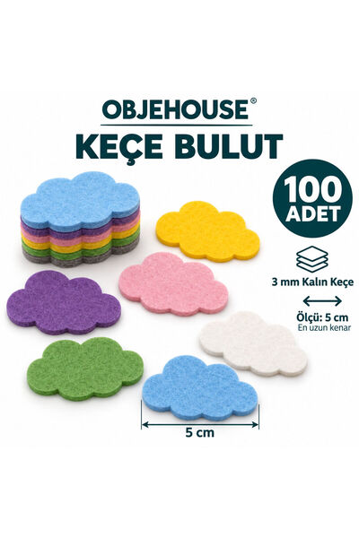 Objehouse Keçe Bulut Süsleme Figürü, 100 Adet, 5 cm, 3 mm Kalın Keçe