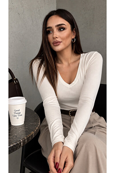 modavingo Women's Ecru V-Neck Long Sleeve Basic Body