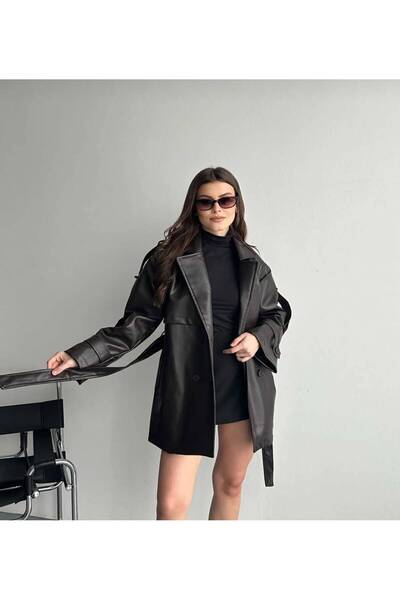 Moda Banuş Windproof Detail Oversize Leather Trench Coat