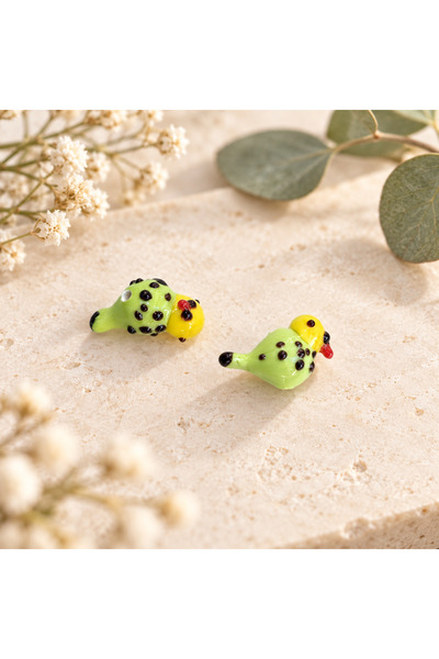 ADAMODART Handmade Murano Glass Green Lovebird Beads (2 Pieces)