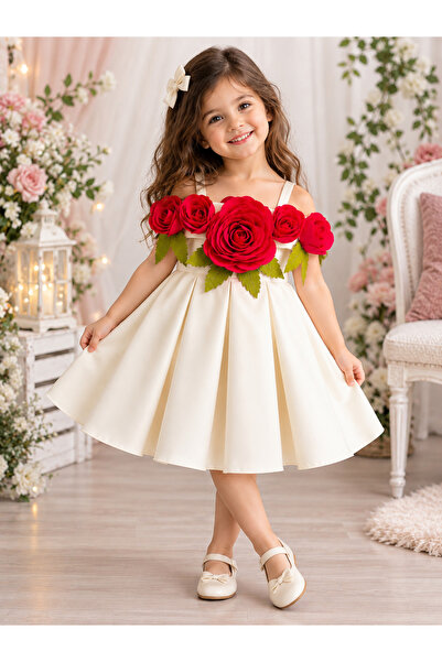 Daddy's Angel Girls Scuba Fabric Rose Flower Party Dress Princess 3D Floral A...