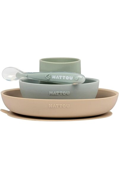 Nattou Silicone Dinner Set for Baby 4-Pieces, Sand/Green