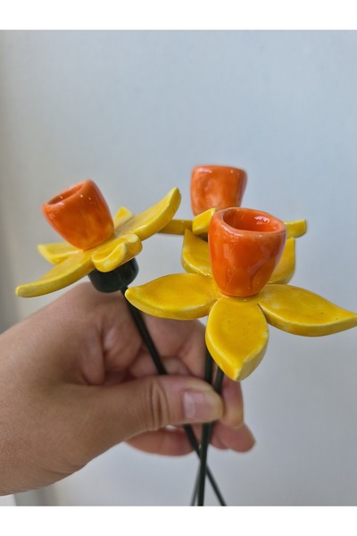 GÜLDANE SANAT ATÖLYESİ EL YAPIMI SERAMİK ÇİÇEK 3LÜ SET BAHÇE, VAZO VEYA SAKSI...
