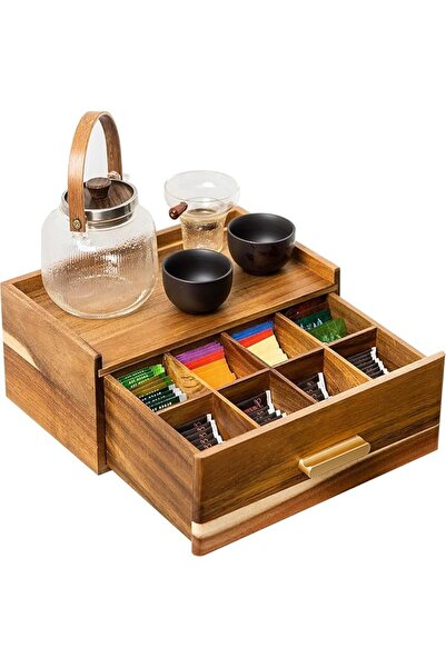 Generic Acacia Wood Tea Bag Organizer with Storage Drawer, Tea Caddy for Tea ...