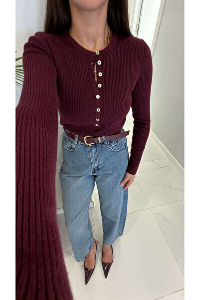 BİRCANÇİL Dlvin Boles Burgundy Melange Buttoned Knitwear
