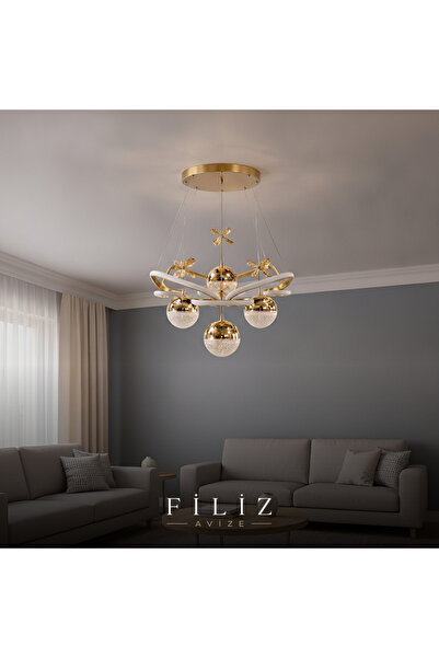 Taç Gold 4 Kristal Küreli Kendinden LED'li Modern Sarkıt Avize - Salon & Yemek Masası Aydınlatma