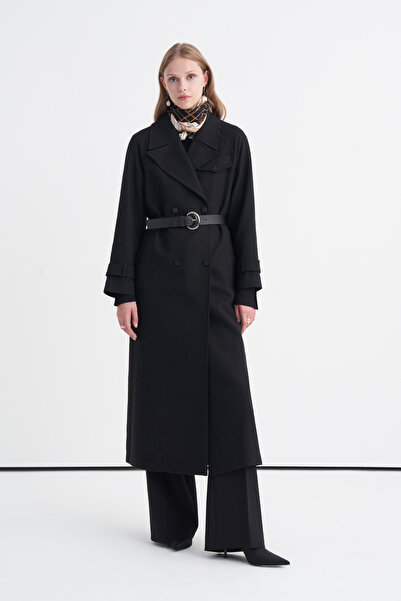 Zühre Belted Double-Breasted Long Black Giy Çık 14106