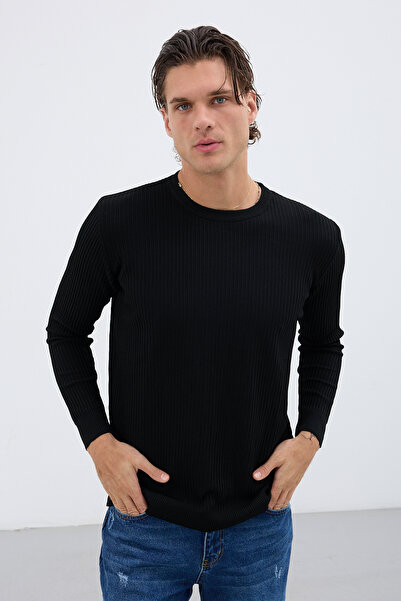 No Way Men's Ottoman Textured Striped Crew Neck Basic Knitwear Sweater
