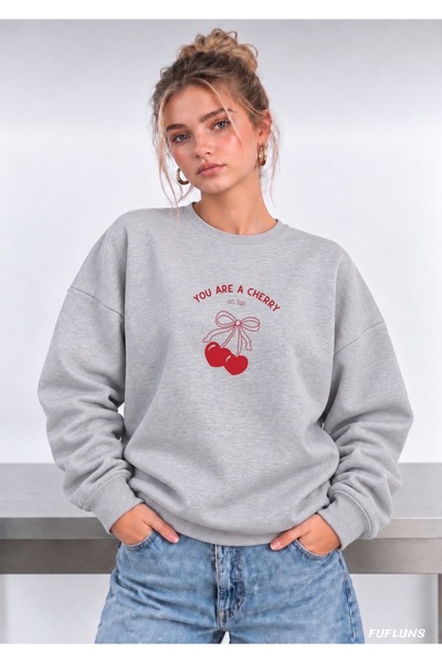 FUFLUNS You Are Cherry Printed Oversized Women's Crewneck Sweatshirt