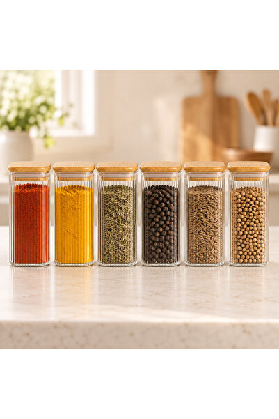 Queen’s Kitchen 6 Pieces Square Bamboo Lid Striped Glass Spice Jar Set 6 X 500ml