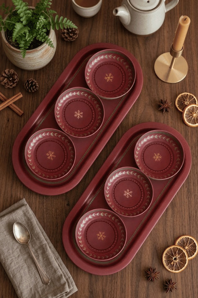 Sarkap Home 16x35 cm 2'li Oval Tepsi 10x3,2 cm 6'lı Çerezlik Seti Bordo Wishes