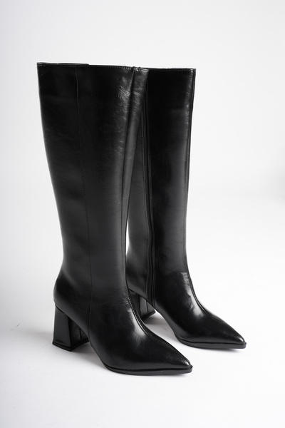 LEVONYA Women's Black Boots with Zipper and Thick Heels