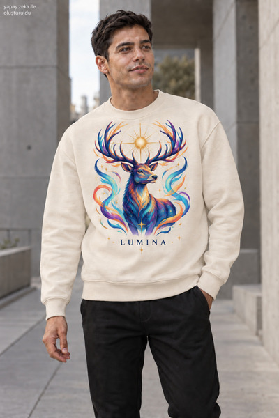 caddekombin Men's Majestic Deer Printed Crew Neck Casual Regular Fit Sweatshirt
