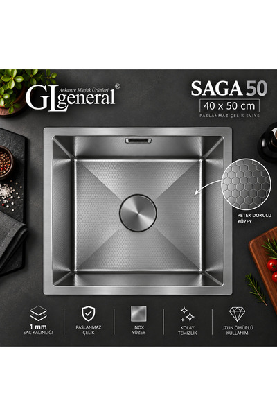 GL GENERAL General SAGA 50 Petek Dokulu Paslanmaz Çelik Mutfak Evyesi 40x50 c...