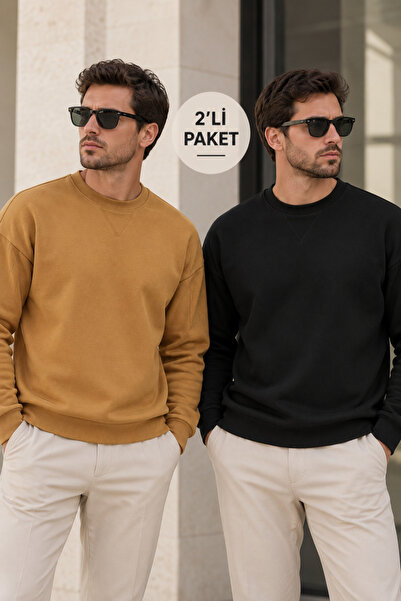 Polo State Men's 2-Pack Crew Neck Basic Casual Sweatshirt - Brown & Black