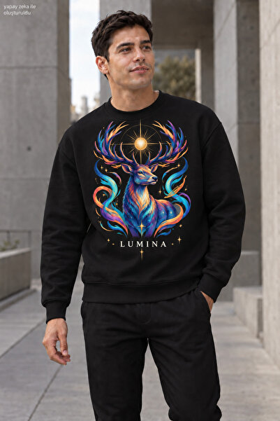 caddekombin Men's Majestic Deer Printed Crew Neck Casual Regular Fit Sweatshirt